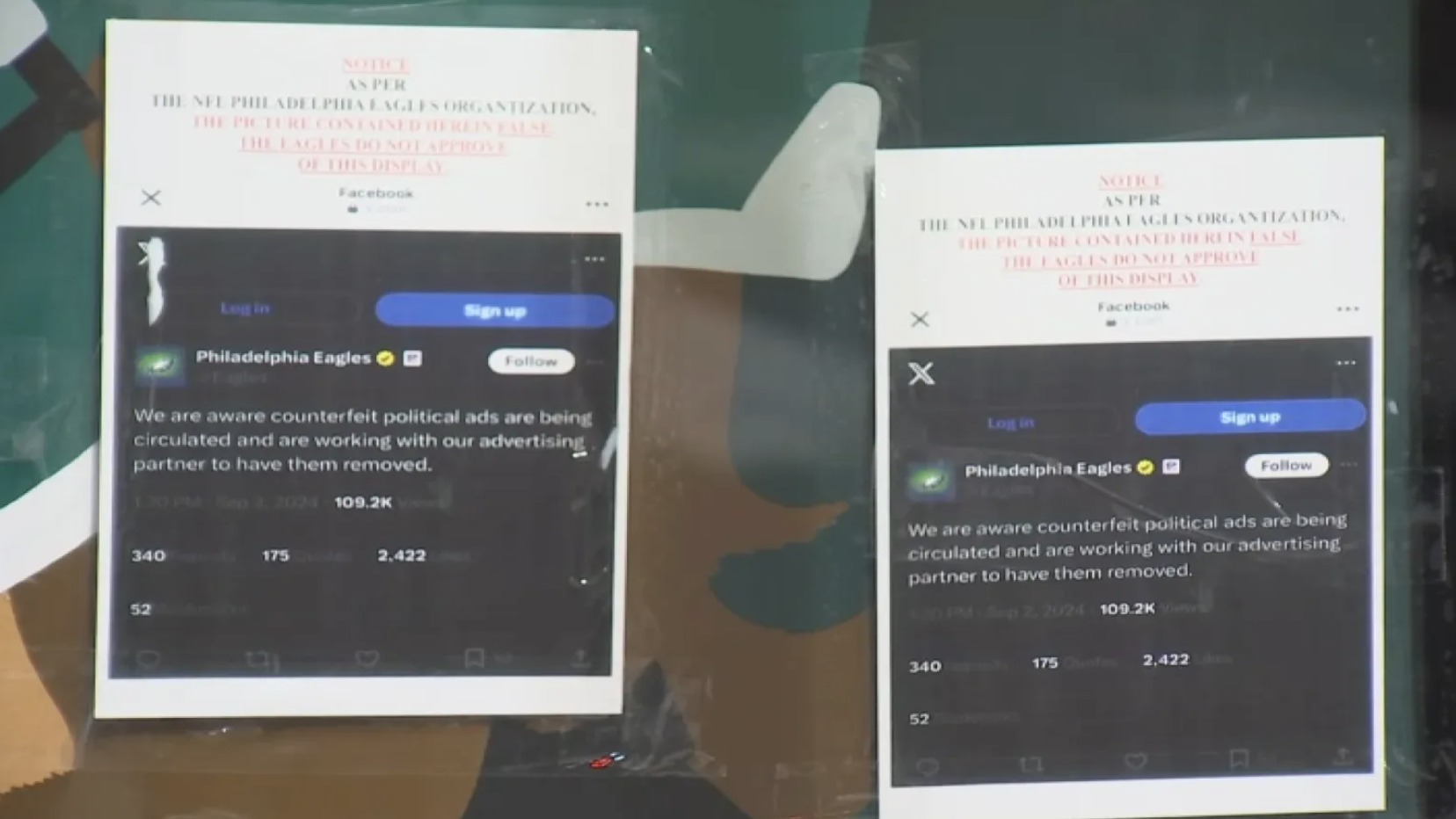费城公交站亭出现伪造广告,虚假宣称老鹰队支持贺锦丽